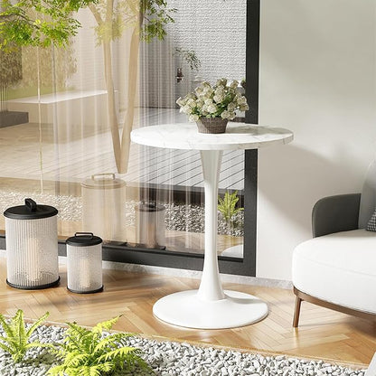 White Marble Round Dining Table 24" Circle Tulip Table with Thickened Tabletop & Sturdy Metal Pedestal Mid Century Modern Leisure Bistro Kitchen Tables 2 People Small Places Living Room Cafe