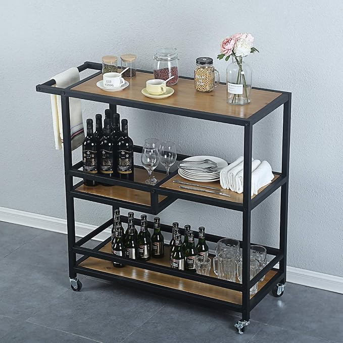 MBQQ Bar and Serving Cart Industrial & Modern Rustic Rolling Bar and Serving Cart,3-Tiered Wood & Metal Kitchen Bar Cart Island with Wheels,Move Storage Coffee/Wine Island Shelf,Black