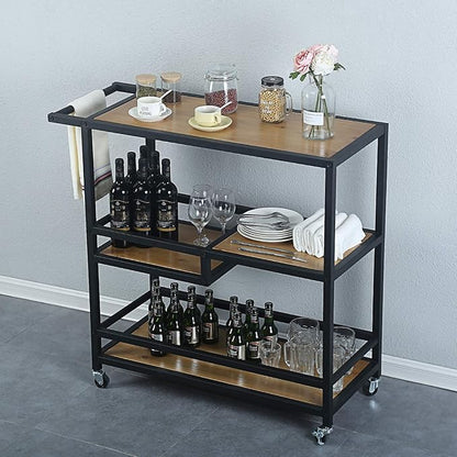 MBQQ Bar and Serving Cart Industrial & Modern Rustic Rolling Bar and Serving Cart,3-Tiered Wood & Metal Kitchen Bar Cart Island with Wheels,Move Storage Coffee/Wine Island Shelf,Black