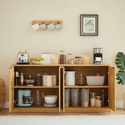 Ball & Cast 59" Modern Fluted Sideboard Buffet Cabinet with Storage,Curved Design Kitchen Coffee Bar Cabinet with 4 Doors & Shelves,Wood Credenza Cabinets Media Console for Living Room,Natural