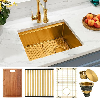 Gold Undermount Kitchen Sink 23 inch,Single Bowl Undermount Sink 16 gauge Stainless Steel,Workstation Kitchen Sinks with Gold Accessories (23" X 18")