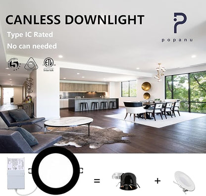 POPANU Premium LED-Canless Recessed Lighting 6-inch Ultra-Thin 5 CCT Adjustable Ceilling Light with Junction Box, 12W Color Temperature Selectable Downlight, 2700-5000K Dimmable, 6 Pack, Black