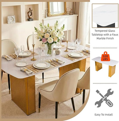 Contemporary Gold Dining Table with Marble Look Glass Top, Unique Rectangular Design, Dual Base Metal Frame, Stable & Stylish 6-8 Person Kitchen Table, Perfect for Modern Dining Room or Office Space