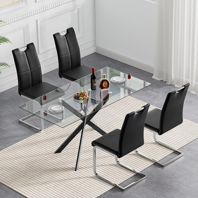 Glass Dining Table,51'' Rectangular Dining Kitchen Table,Modern X-Design Dining Room Table with Black Metal Base for Dining Room