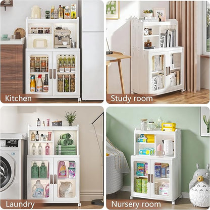 VECELO Foldable Plastic Sideboard Cabinet with Adjustable Shelves, Waterproof Buffet Cabinet with Doors for Kitchen, Dining Room & Small Spaces, White