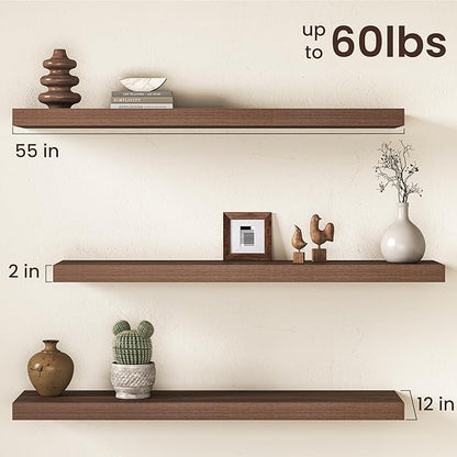Walnut Floating Shelves 55Inch Long, 12 Inch Deep Floating Shelves for Wall, 55 x 12 Large Floating Shelf for Fireplace Mantel, 2" Thicked Rustic Wall Shelves for Living Room, Bedroom Storage, 2 Packs