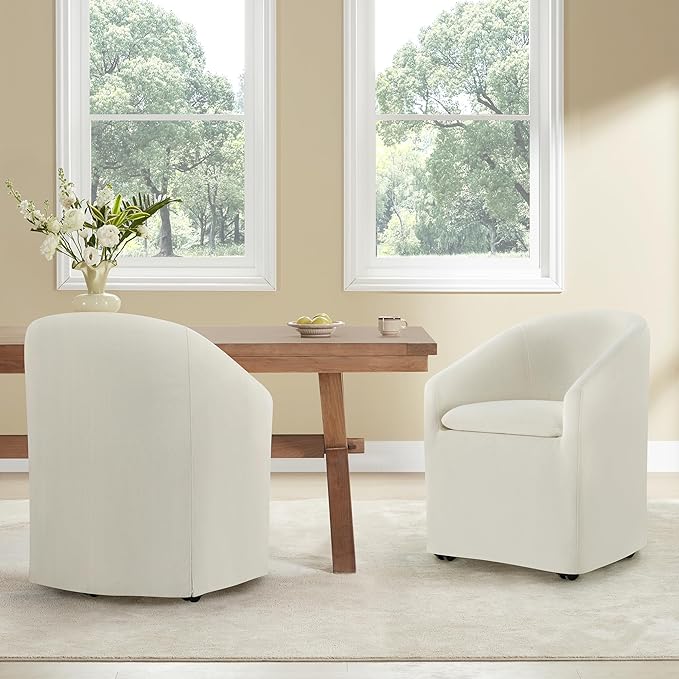 KISLOT Upholstered Dining Chairs with Casters, Washable Cover Modern Dining Room Chairs with Barrel Backrest & Dual Armrest for Kitchen, Living Room, Bedroom, Linen Fabric, 2PCS