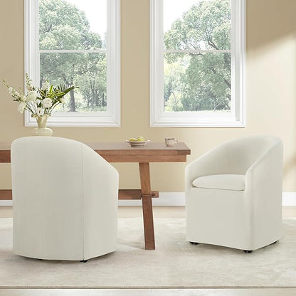 KISLOT Upholstered Dining Chairs with Casters, Washable Cover Modern Dining Room Chairs with Barrel Backrest & Dual Armrest for Kitchen, Living Room, Bedroom, Linen Fabric, 2PCS