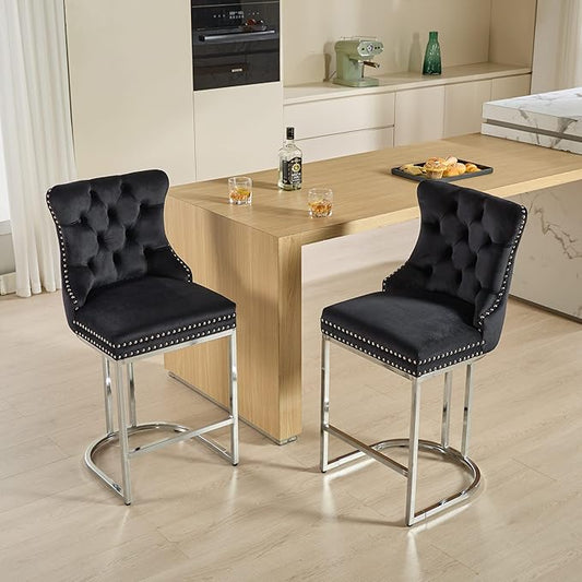 26" Counter Height Bar Stools Set of 2, Black Velvet Upholstered Kitchen Island Chairs with Button Back, Rivet Trim, Sturdy Chromed Metal Base, Ergonomic High Back for Dining Room