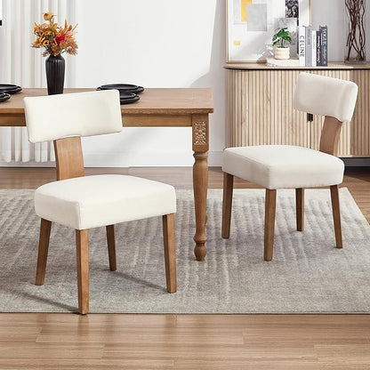 Mid Century Modern Dining Chairs, Upholstered Linen Fabric Chairs with Curved Backrest and Wood Legs, Comfy Kitchen Vanity Chairs for Dining Room/Living Room/Kitchen, Set of 6 Beige