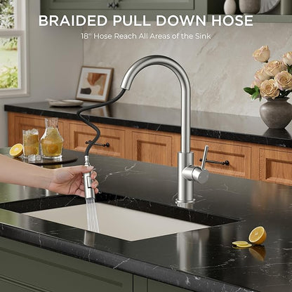 FORIOUS Brushed Nickel Kitchen Faucet with Pull Down Sprayer, Stainless Steel High Arc Gooseneck Modern Sink Faucet with CUPC Ceramic Cartridge, Single Handle and Deck Plate
