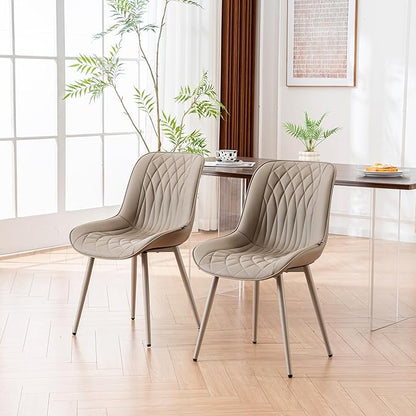 YOUNIKE Faux Leather Dining Chairs Set of 2 Mid-Century Modern High Padded Back Comfy Upholstered Kitchen Chairs with Metal Legs Wide Seat Accent Side Chair for Dining/Living/Waiting Room Khaki