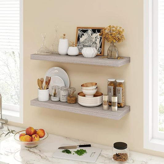 Acovy 30 Inch Floating Shelves, 9.3" Deep Floating Shelf Wall Mounted, 30" Wall Shelves, Rustic Deep Bookshelf, Large Display Shelves & Storage Shelves for Bedroom, Living Room, Gray, Set of 2