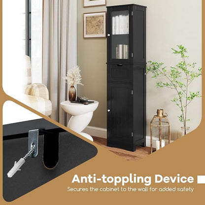 Tangkula 67" Tall Bathroom Storage Cabinet, Slim Freestanding Tower w/ 2 Doors & 1 Drawer, Narrow Floor Cabinet w/Adjustable Shelves & Tempered Glass Door for Bathroom Living Room (Black)