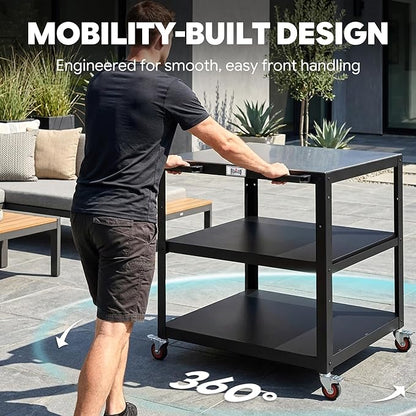 Feasto 36''x 24'' Heavy-Duty Outdoor Pizza Oven Table, 304 Stainless Steel Grill Table with Lockable Wheels for Pizza Ovens & Griddles, 3-Shelf Prep Table for Deck, Patio BBQ & Parties