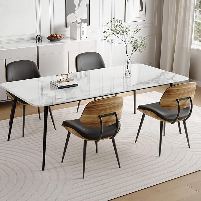 Mid Century Modern Dining Chairs Set of 6, PU Leather Armless Kitchen Chairs with Walnut Bentwood Back & Metal Legs, Sturdy Retro Accent Chairs for Dining Room, Living Room, Black