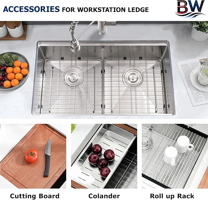 33 Inch Undermount Kitchen Sink Double Bowl - 16 Gauge Stainless Steel Undermount Double Bowl Workstation Kitchen Sink 50/50, 33x19 Inch