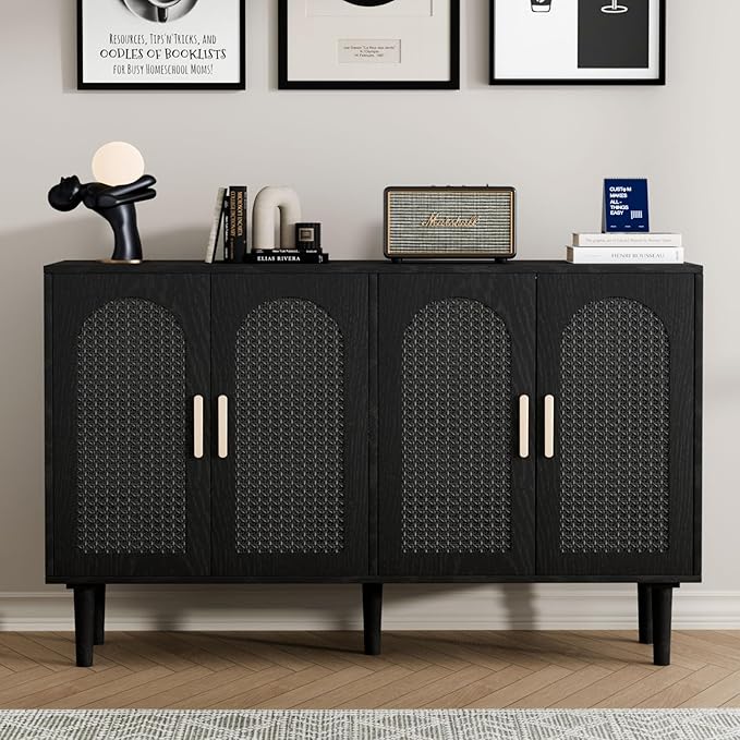 Large Sideboard Buffet Cabinet with Storage, Modern Credenza Buffet Table Coffee Bar Wine Bar Storage Cabinet with Artistic Carved Handle for Dining Room Living Room, (Black)