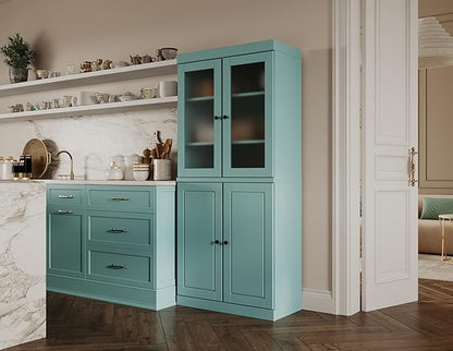 Palace Imports 100% Solid Wood Kitchen Pantry w/ 2 Frosted Glass Doors & Bottom Wooden Storage Cabinet, Aqua, 32" w x 71.5" h, Renewable Eco-Friendly Wood, Made in Brazil
