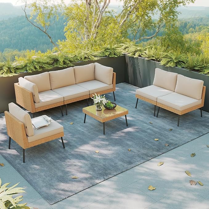 Aoxun Patio Furniture Set, 7 Piece Outdoor Sectional Sofas with Thick Cushion, Wicker Outdoor Patio Furniture Set with Coffee Table for Party, Garden, Backyard, Beige