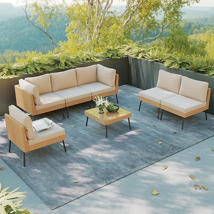 Aoxun Patio Furniture Set, 7 Piece Outdoor Sectional Sofas with Thick Cushion, Wicker Outdoor Patio Furniture Set with Coffee Table for Party, Garden, Backyard, Beige