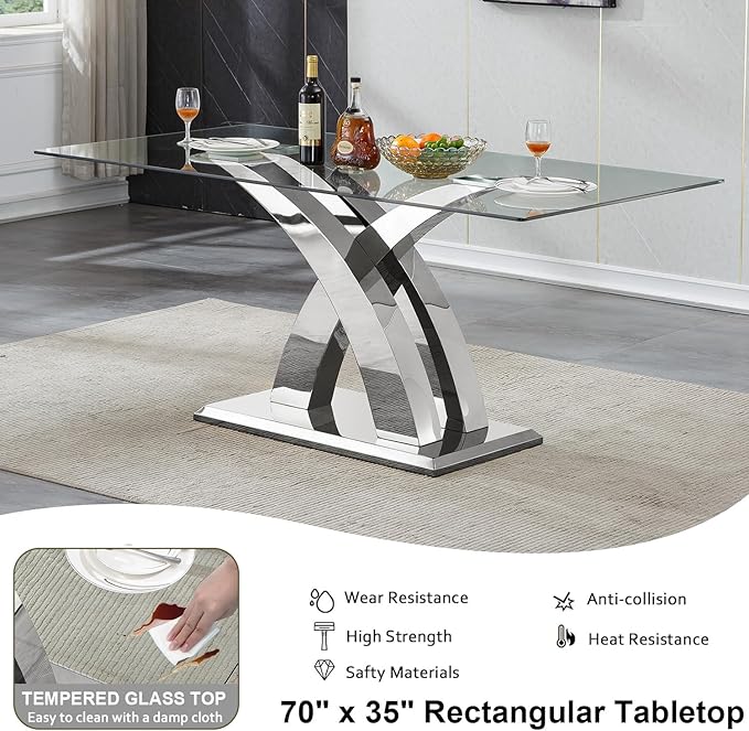 70" Glass Dining Table for 6-8, Modern Dining Room Table with 0.39" Tempered Glass Top and X-Shaped Silver Stainless Steel Base, Rectangle Kitchen Dinner Table for Dining Room