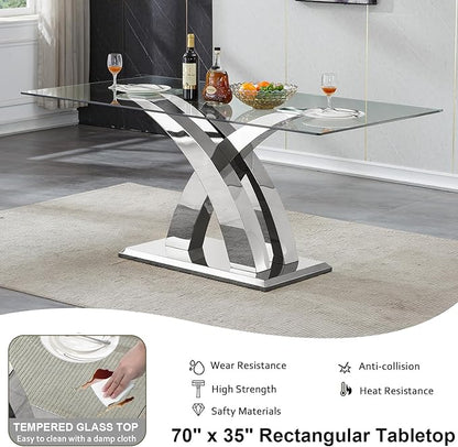 70" Glass Dining Table for 6-8, Modern Dining Room Table with 0.39" Tempered Glass Top and X-Shaped Silver Stainless Steel Base, Rectangle Kitchen Dinner Table for Dining Room
