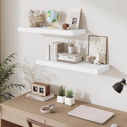 Fun Memories Floating Shelves for Wall, 30 Inch Long Floating Shelves Set of 2, 30 x 10 Wooden Shelves for Wall, Large Storage Shelves, Hanging Shelves for Bathroom Kitchen Bedroom, White