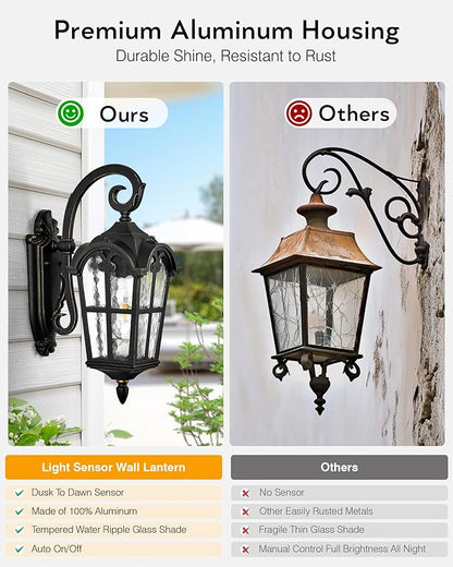 VIANIS Outdoor Wall Light, 16.9" Black Dusk to Dawn Outdoor Lighting with Gold Trim, Outside Light Fixtures Wall Mount with Tempered Water Ripple Glass for Patio, Entryway, Waterproof Anti-Rust