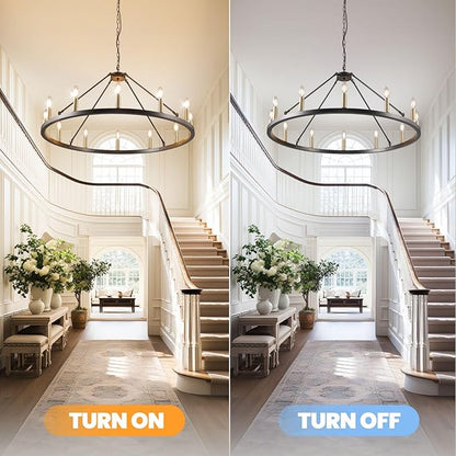 12-Light Black and Gold Chandelier, Farmhouse Entryway Wagon Wheel Chandelier, Round Chandeliers for Dining Room, Rustic Kitchen Island Iight Fixtures, Foyer Chandeliers for High Ceilings