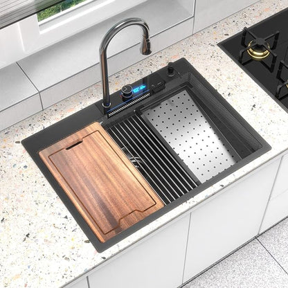 30inch Drop In Waterfall Kitchen Sink Metal Black -Feibus 30x22x10 Sink with Faucet Combo Double Step Workstation 16 Gauge Multifunctional Stainless Steel Single Bowl