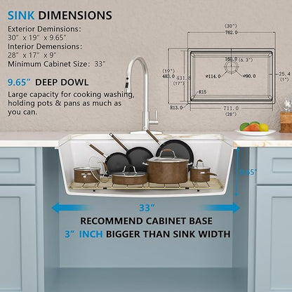 30"x19" Granite Composite Kitchen Sink - White Undermount Ledge Workstation Quartz Classic Under Counter Single Bowl Sink Basin with Gold Accessories