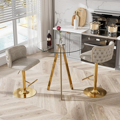 3-Piece Pub Table and Chairs, Round Bar Height Adjustable Swivel PU Leather Bar Stools Set of 2 for Kitchen Island Bistro Office Living Room Small Space Restaurant
