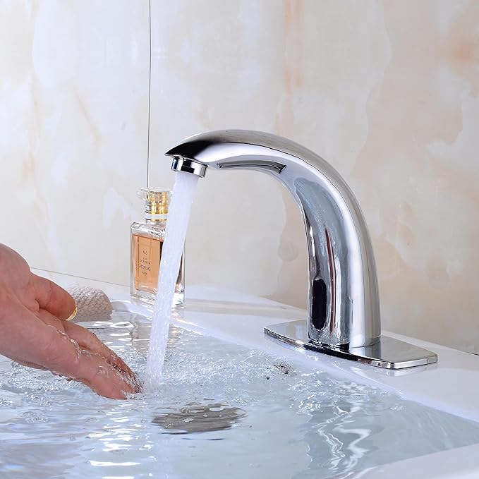 Automatic Touchless Bathroom Sink Faucet Motion Activated Sensor Faucets Hands Free Commercial Tap with Hole Cover Deck Plate Battery Operated Control Box Adjustable Temperature Mixer（Chrome）