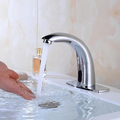 Automatic Touchless Bathroom Sink Faucet Motion Activated Sensor Faucets Hands Free Commercial Tap with Hole Cover Deck Plate Battery Operated Control Box Adjustable Temperature Mixer（Chrome）