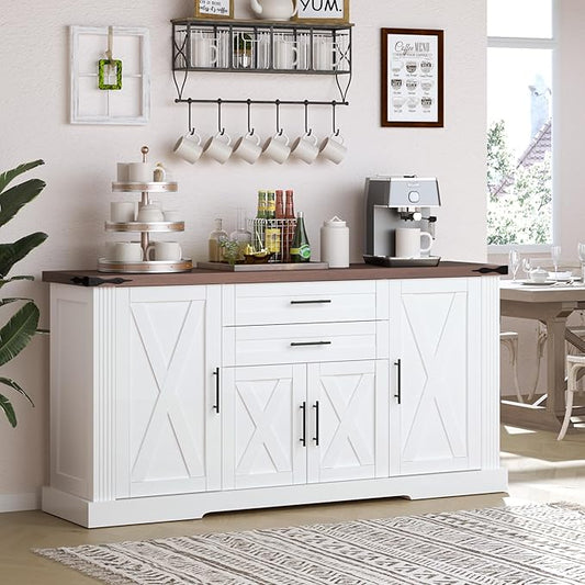 Buffet Cabinet with Storage, 63" Large Sideboard Storage Cabinet with Drawer, 4 Doors and Shelves, Modern Farmhouse Coffee Bar Table Kitchen Island Credenza for Kitchen, Dining, Living Room (White)