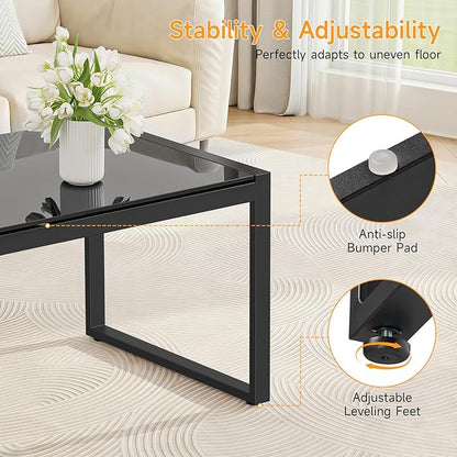 ONBRILL Rectangle Coffee Table with Tempered Glass Desktop, Galvanized Frame Outdoor Coffee Table with Adjustable Feet for Patio, Balcony, Deck, Living Room, Black