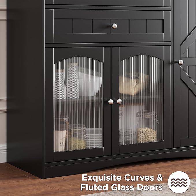 FiveWillowise Farmhouse Buffet Sideboard Cabinet, Black Storage Cabinet with Barn Doors and Drawers, Fluted Glass Doors & Adjustable Shelves, Coffee Bar with Storage for Kitchen, Living Room