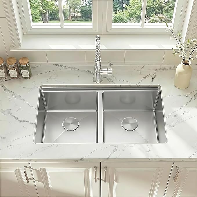 32 Inch Sink Undermount Double Bowl, 16 Gauge 50/50 Double Bowl Stainless Steel Workstation Sink, 32"x18"x10" Large and Deep Kitchen Sink With Accessories
