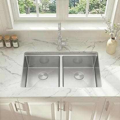 32 Inch Sink Undermount Double Bowl, 16 Gauge 50/50 Double Bowl Stainless Steel Workstation Sink, 32"x18"x10" Large and Deep Kitchen Sink With Accessories