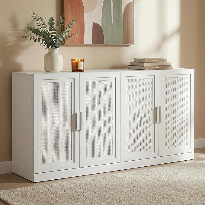 Casaphoria Adam Sideboard Buffet Cabinet with Storage, Sideboard Cabinet with Rattan Doors & Adjustable Shelves, 62" W x 31" H Coffee Bar for Entryway Kitchen Living Room, White