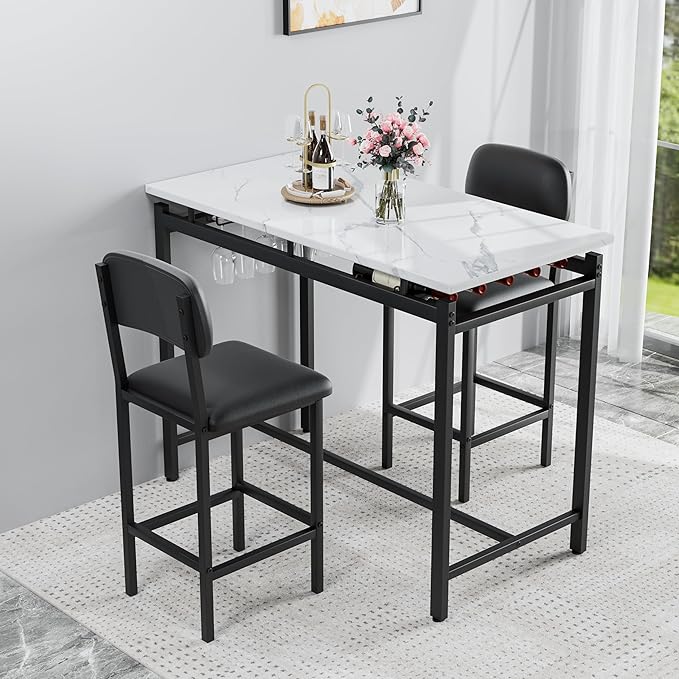 Modern Bar Height Table and Chairs Set - Compact Bar Table and Chairs for 2, Perfect as Small Kitchen Table, Kitchen Island with Seating, or Dining Table with Chairs (Black)