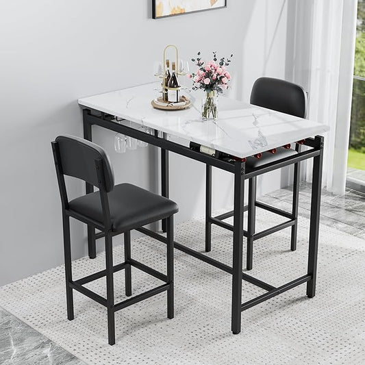 Modern Bar Height Table and Chairs Set - Compact Bar Table and Chairs for 2, Perfect as Small Kitchen Table, Kitchen Island with Seating, or Dining Table with Chairs (Black)