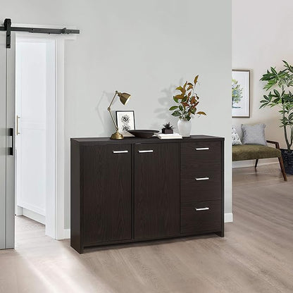 Kings Brand Furniture 47” Sideboard Buffet Cabinet – Modern Credenza Storage Console with 2 Doors, 3 Drawers & Adjustable Shelves, Oak Chocolate Dining Room & Kitchen Accent Cabinet