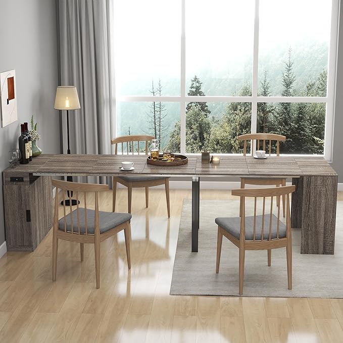 Modern Extendable Dining Table for 4-6 People with Outlet, Multifunctional Foldable Dinner Kitchen Table with Storage, Brown