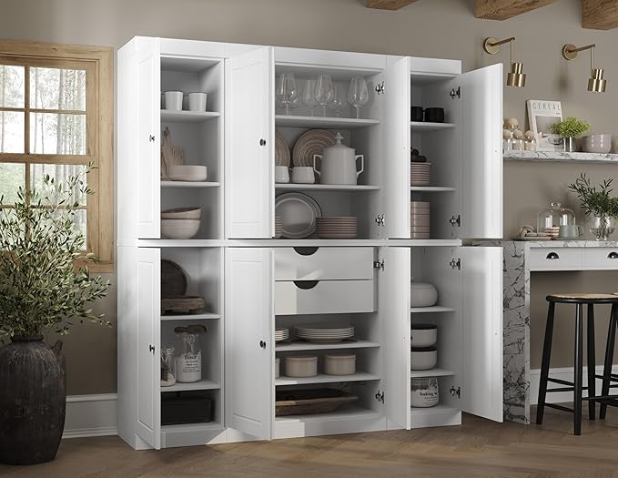 Palace Imports Solid Wood Storage Cabinet - 71.5" Tall, 65" Wide Freestanding Kitchen Pantry with 2-Drawer Kit & Adjustable Shelves – White, Renewable Eco-Friendly 100% Wood, Made in Brazil