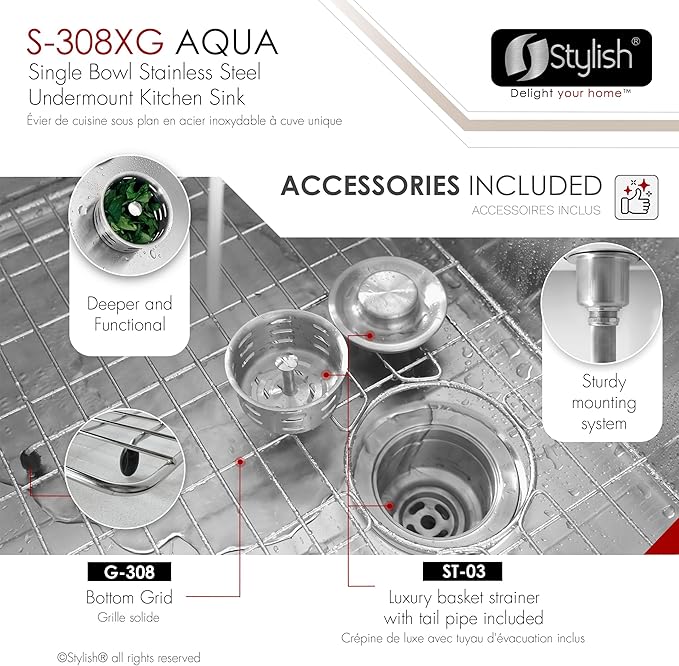 Stylish 19 x 18 Inch Undermount Kitchen Sink 16G Stainless Steel 10mm Radius Corners Single Bowl Kitchen Sinks with Bottom Grid and Luxury Basket Strainer, S-308XG