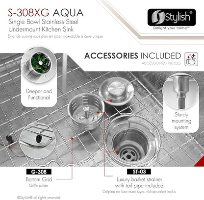 Stylish 19 x 18 Inch Undermount Kitchen Sink 16G Stainless Steel 10mm Radius Corners Single Bowl Kitchen Sinks with Bottom Grid and Luxury Basket Strainer, S-308XG