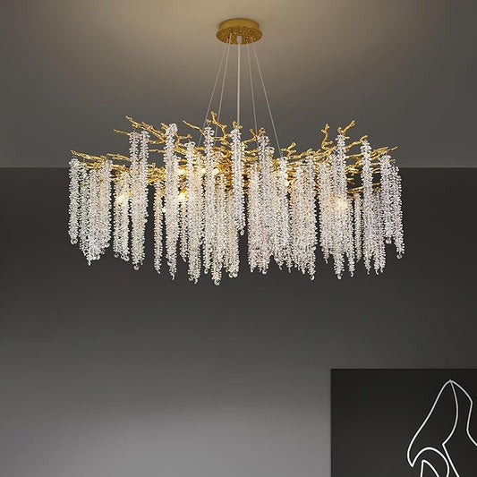 Tree Branches Chandeliers Luxury Round Raindrop Crystal Pendant Light 15 Lights Tassel Ceiling Hanging Light for Dining Room Bedroom Living Room Entryway 39.5" Gold