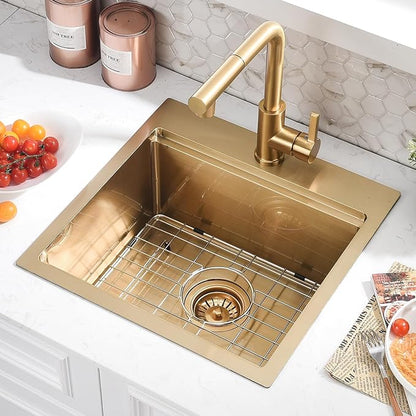 15x17 Gold Drop In Bar Sink with Faucet - 15 Inch Gold Drop In Small Kitchen Sink and Faucet Combo Set, 9 Inch Deep Stainless Steel Bar Sinks Workstation with Accessories
